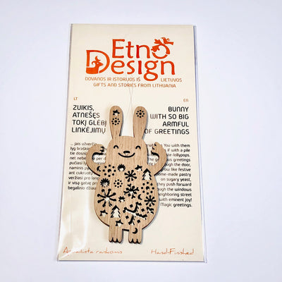 Etno Design wooden ornament "BUNNY WITH A SO BIG ARMFUL OF GREETINGS"